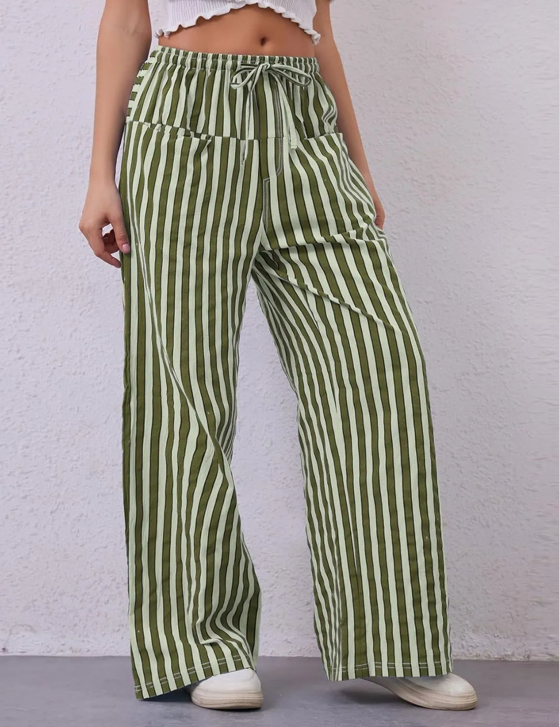 Kissonic Women Striped Pants Casual Drawstring Wide Leg Trousers Loose Lounge Pajama Pants with Pockets