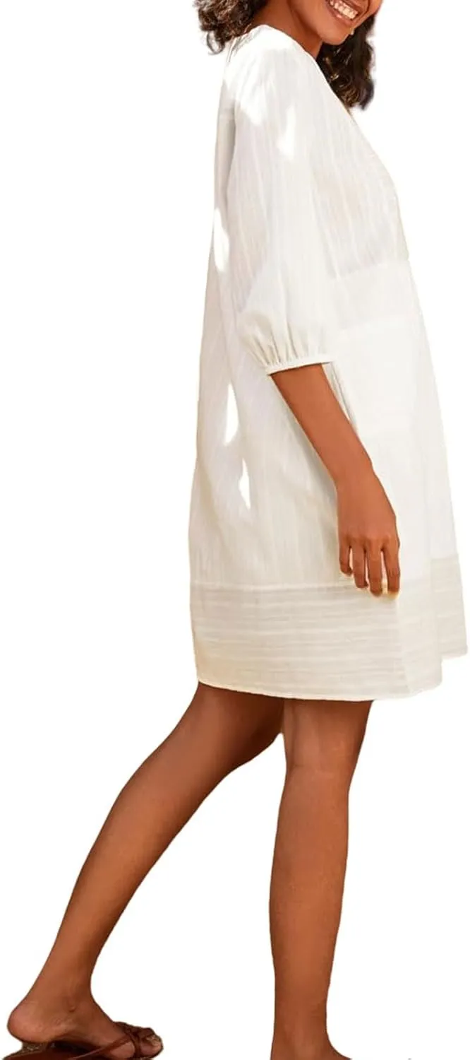 Linen Dresses for Women Casual 3/4 Sleeve V Neck Mini Dresses Loose Knee-Length A-line Dress Beach Dress with Pocket