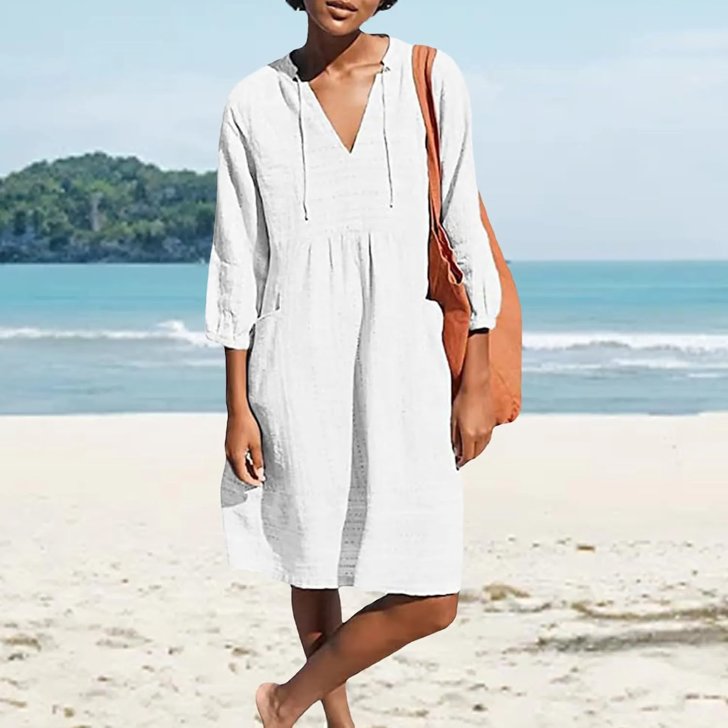 Linen Dresses for Women Casual 3/4 Sleeve V Neck Mini Dresses Loose Knee-Length A-line Dress Beach Dress with Pocket