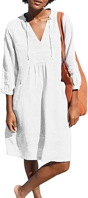Linen Dresses for Women Casual 3/4 Sleeve V Neck Mini Dresses Loose Knee-Length A-line Dress Beach Dress with Pocket
