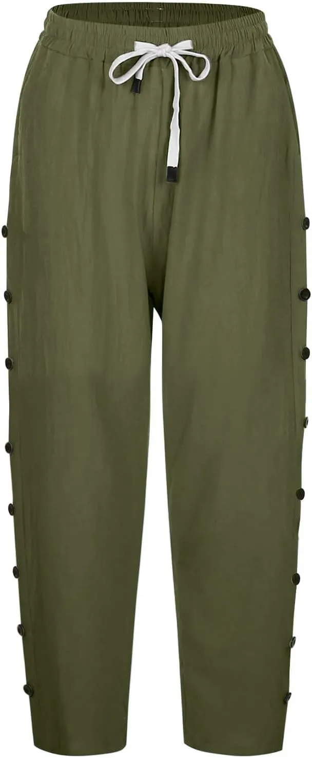 Linen Pants Women 2025 Summer Cotton Linen Capri Shorts Trendy Lightweight Drawstring Striped Short Pants with Pocket