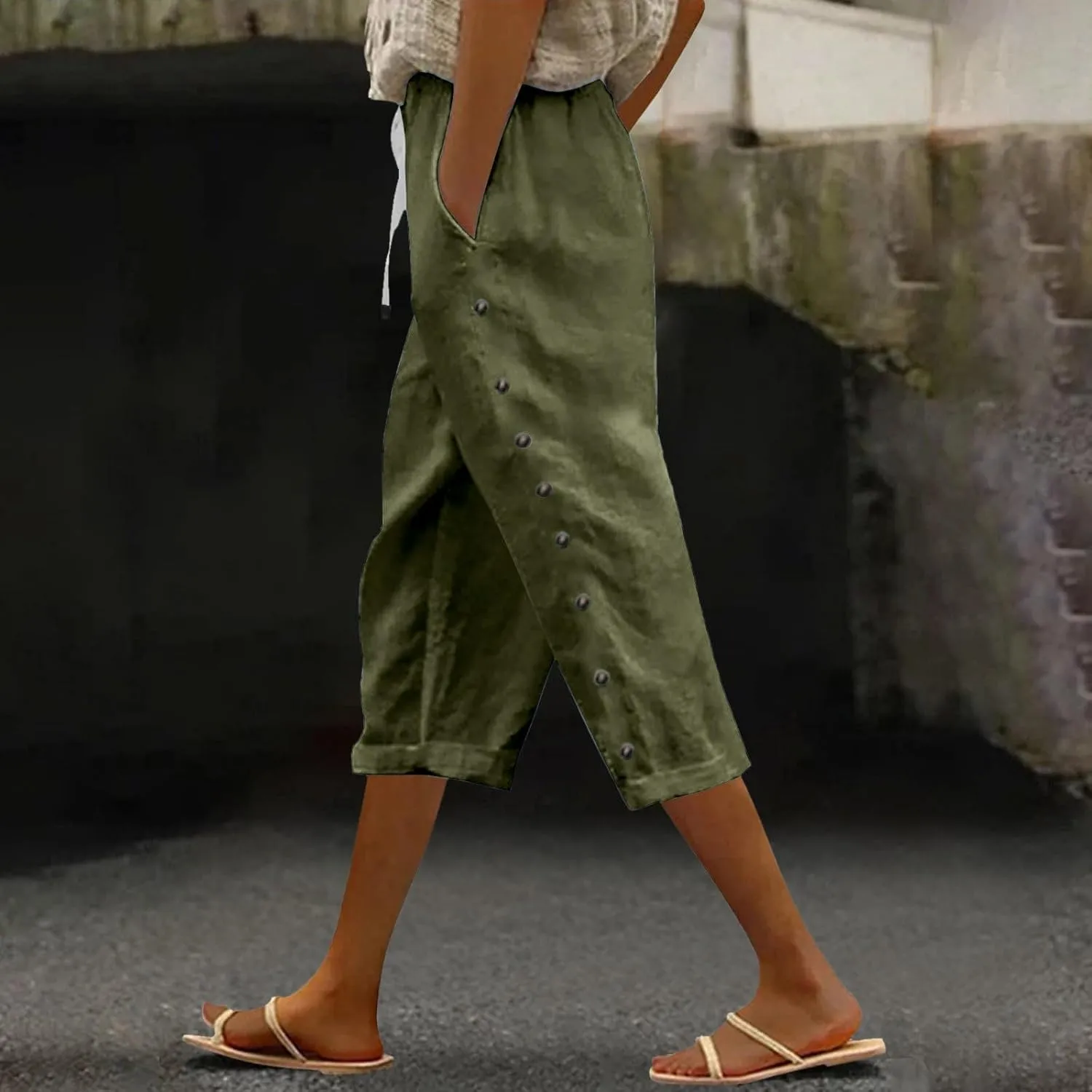 Linen Pants Women 2025 Summer Cotton Linen Capri Shorts Trendy Lightweight Drawstring Striped Short Pants with Pocket