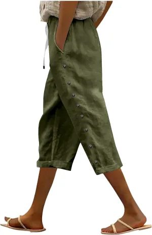 Linen Pants Women 2025 Summer Cotton Linen Capri Shorts Trendy Lightweight Drawstring Striped Short Pants with Pocket