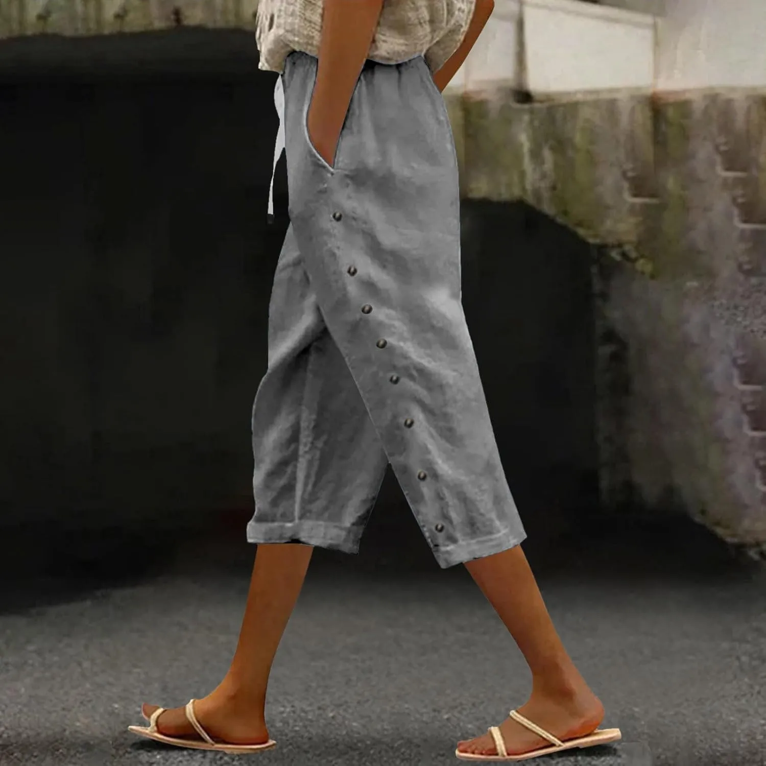 Linen Pants Women 2025 Summer Cotton Linen Capri Shorts Trendy Lightweight Drawstring Striped Short Pants with Pocket