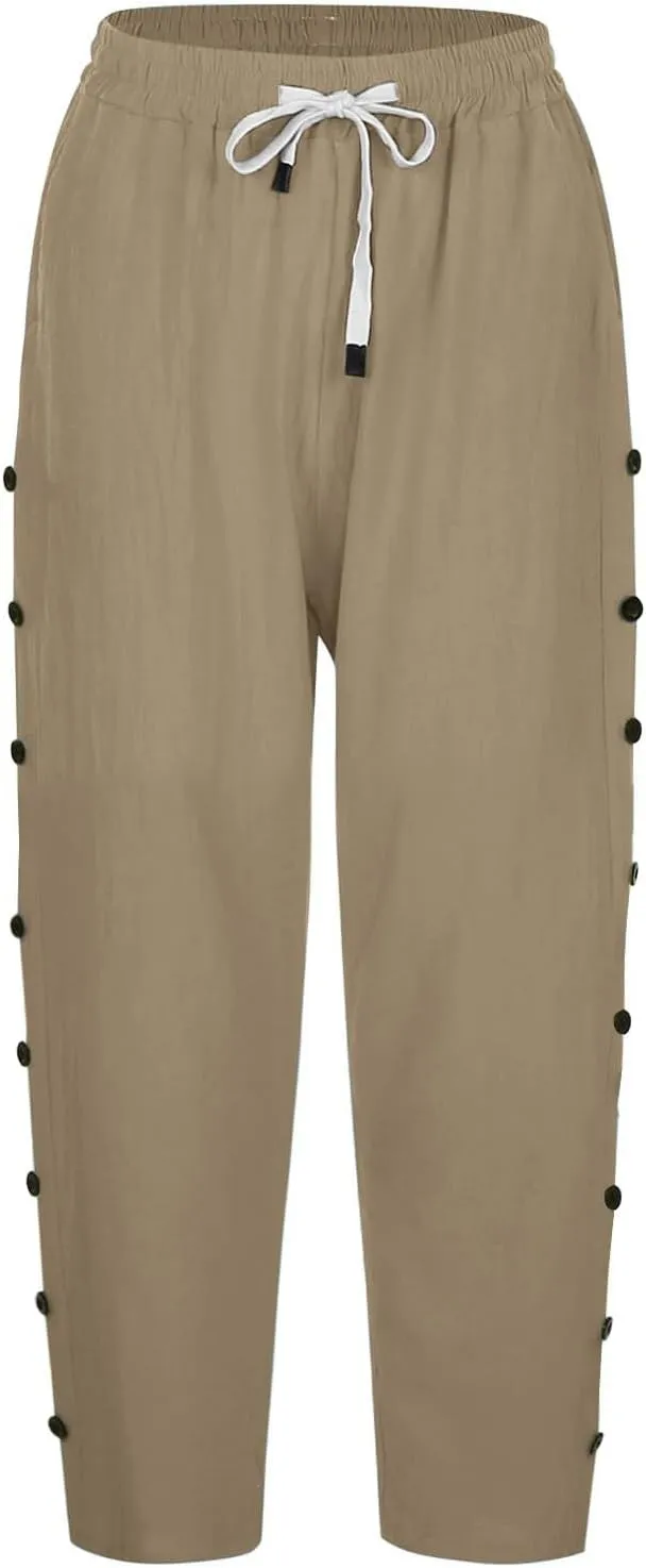 Linen Pants Women 2025 Summer Cotton Linen Capri Shorts Trendy Lightweight Drawstring Striped Short Pants with Pocket