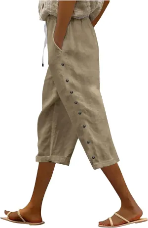 Linen Pants Women 2025 Summer Cotton Linen Capri Shorts Trendy Lightweight Drawstring Striped Short Pants with Pocket