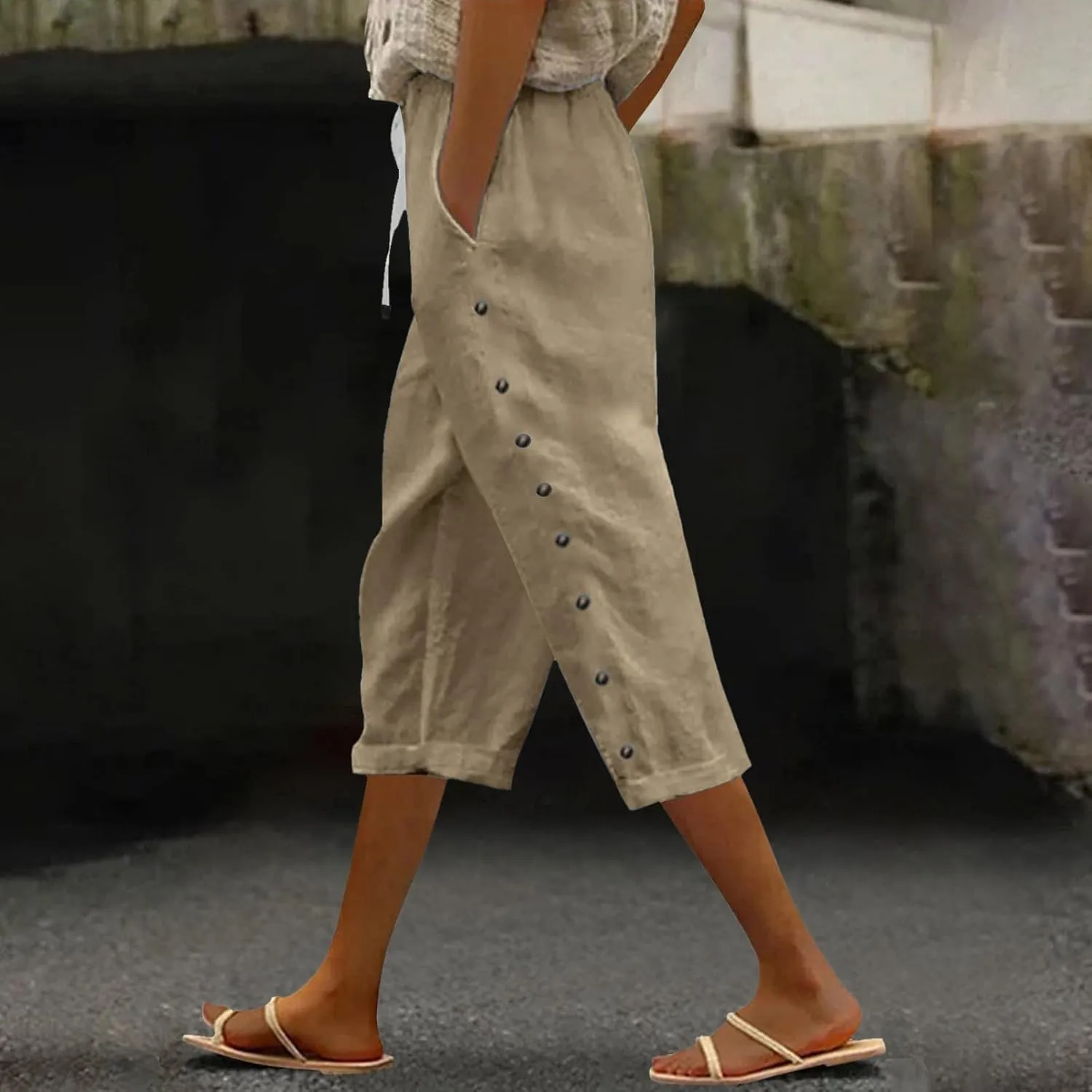 Linen Pants Women 2025 Summer Cotton Linen Capri Shorts Trendy Lightweight Drawstring Striped Short Pants with Pocket