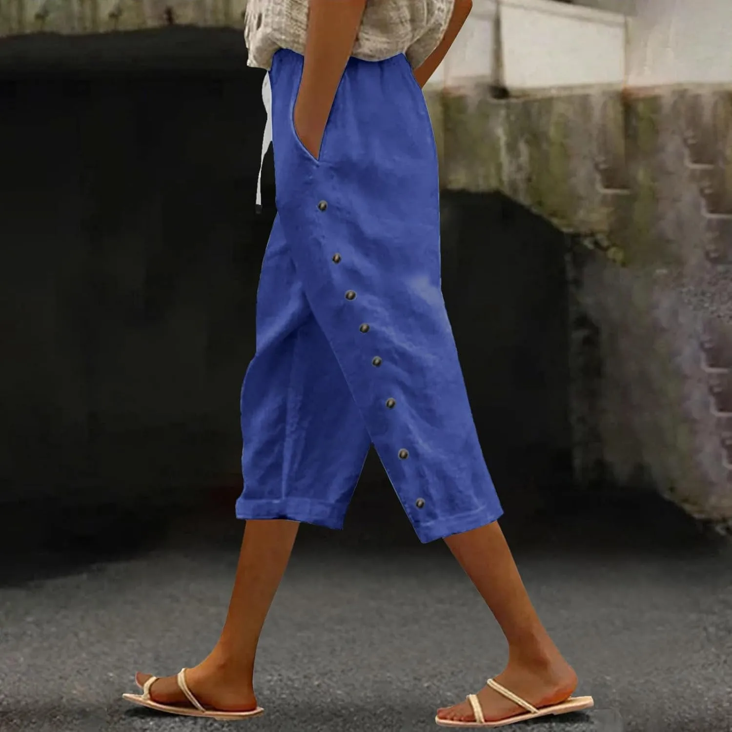 Linen Pants Women 2025 Summer Cotton Linen Capri Shorts Trendy Lightweight Drawstring Striped Short Pants with Pocket