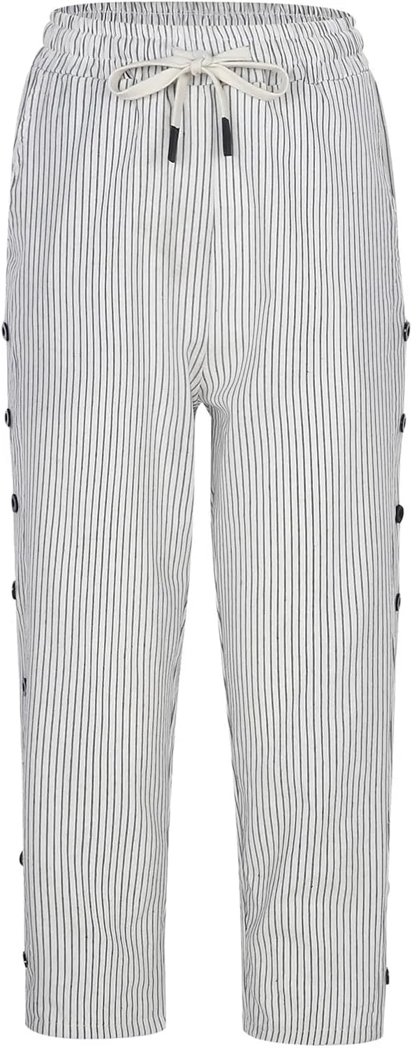 Linen Pants Women 2025 Summer Cotton Linen Capri Shorts Trendy Lightweight Drawstring Striped Short Pants with Pocket