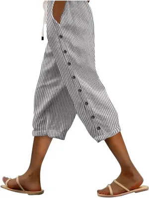 Linen Pants Women 2025 Summer Cotton Linen Capri Shorts Trendy Lightweight Drawstring Striped Short Pants with Pocket