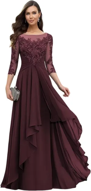 Long Mother of The Bride Dresses for Wedding Beach 3/4 Long Sleeves Sparkly Lace Formal Dress for Women 2025