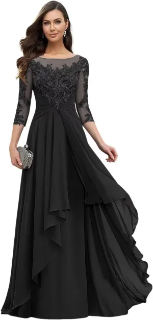Long Mother of The Bride Dresses for Wedding Beach 3/4 Long Sleeves Sparkly Lace Formal Dress for Women 2025