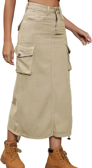 Lucrosun Women's Long Cargo Skirt Skinny High Waisted Denim Jean Midi Skirt