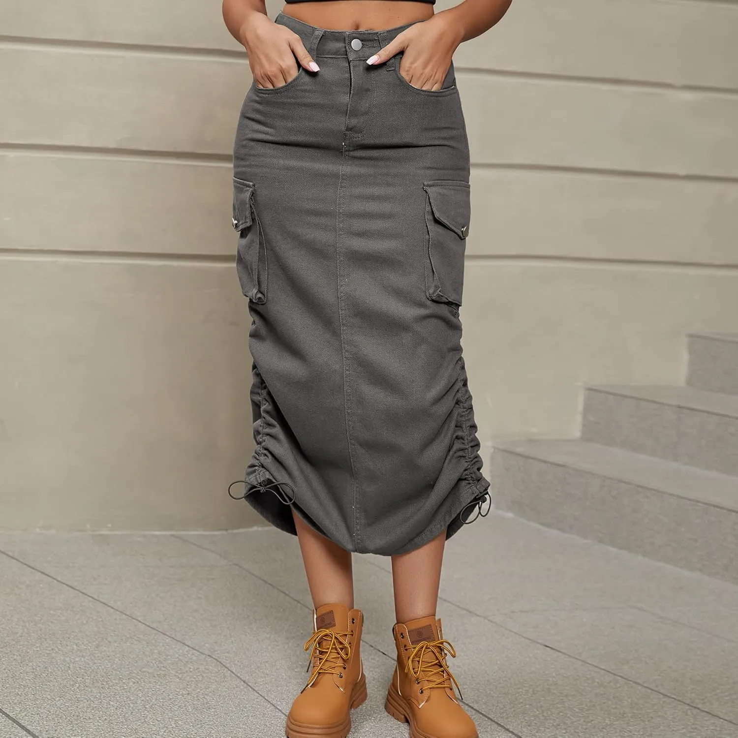 Lucrosun Women's Long Cargo Skirt Skinny High Waisted Denim Jean Midi Skirt