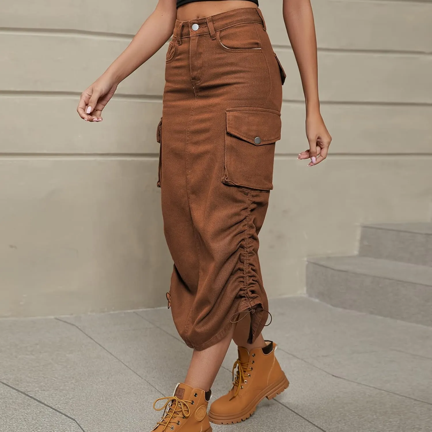 Lucrosun Women's Long Cargo Skirt Skinny High Waisted Denim Jean Midi Skirt