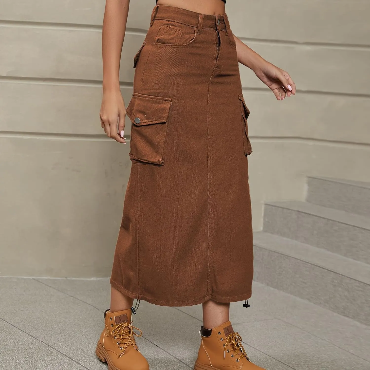 Lucrosun Women's Long Cargo Skirt Skinny High Waisted Denim Jean Midi Skirt