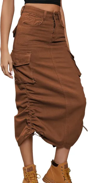 Lucrosun Women's Long Cargo Skirt Skinny High Waisted Denim Jean Midi Skirt