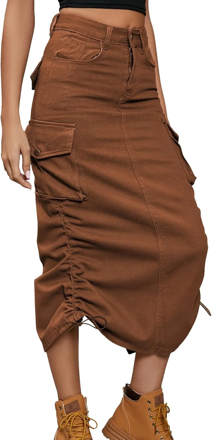Lucrosun Women's Long Cargo Skirt Skinny High Waisted Denim Jean Midi Skirt