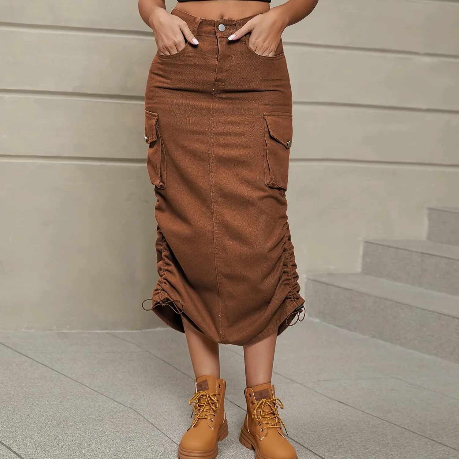 Lucrosun Women's Long Cargo Skirt Skinny High Waisted Denim Jean Midi Skirt