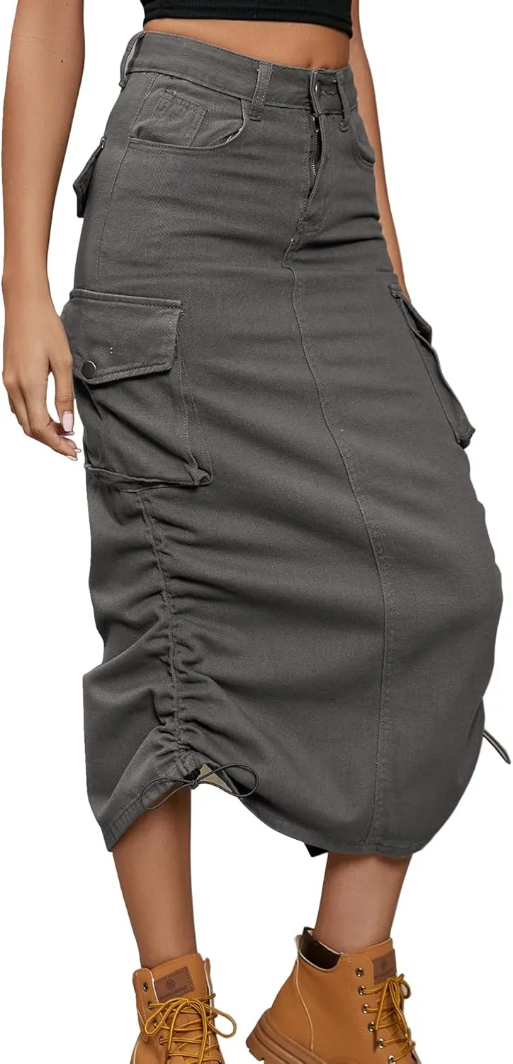 Lucrosun Women's Long Cargo Skirt Skinny High Waisted Denim Jean Midi Skirt