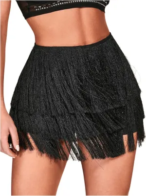 MakeMeChic Women's Fringe Trim Shorts Tiered Layer Tassle Elastic Waist A Line Beach Skorts