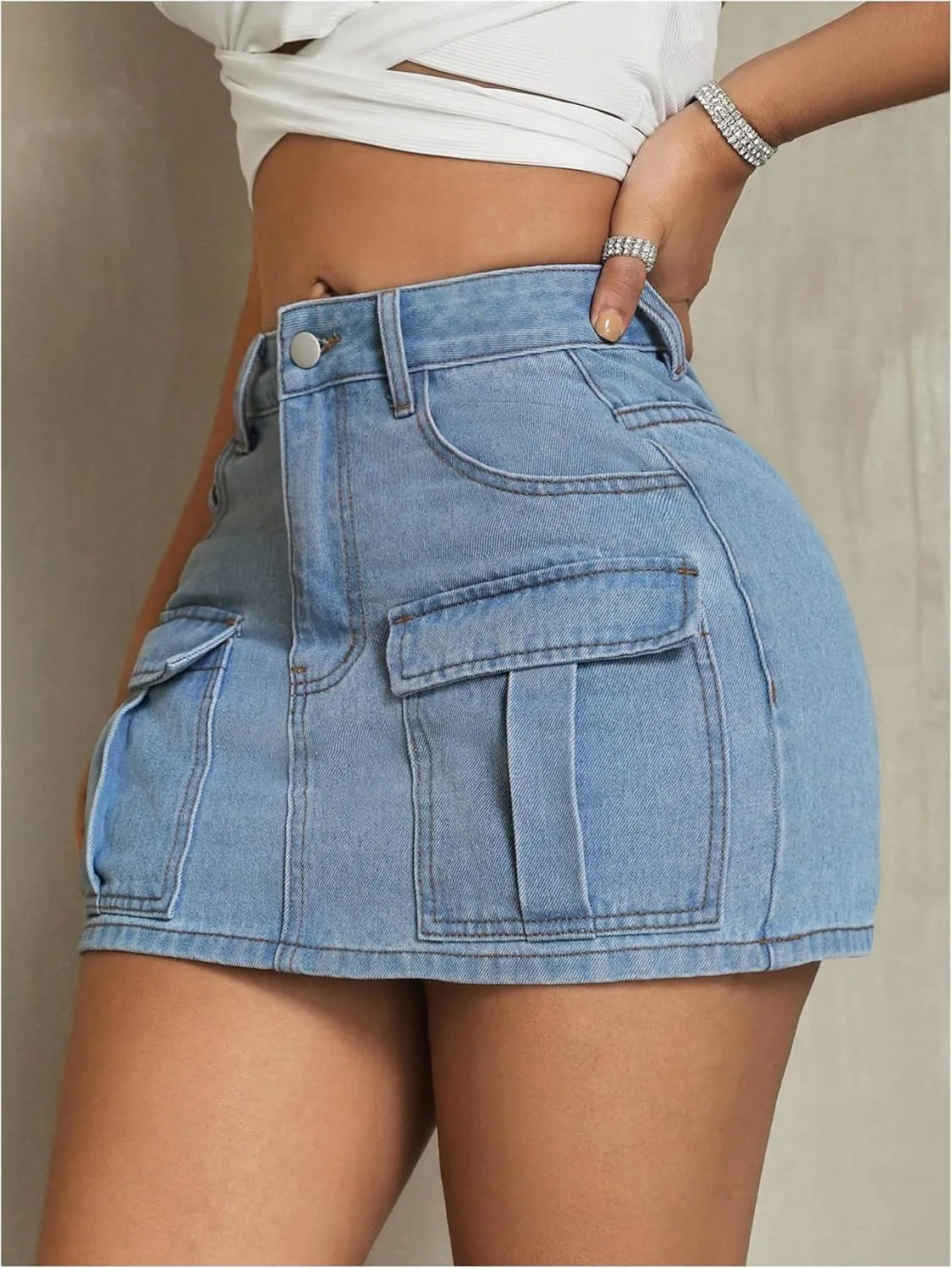 MakeMeChic Women's High Waist Jean Shirts Zip Fly Flap Pocket Bodycon Mini Denim Skirt