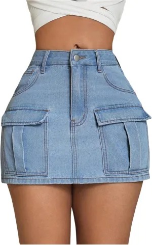 MakeMeChic Women's High Waist Jean Shirts Zip Fly Flap Pocket Bodycon Mini Denim Skirt
