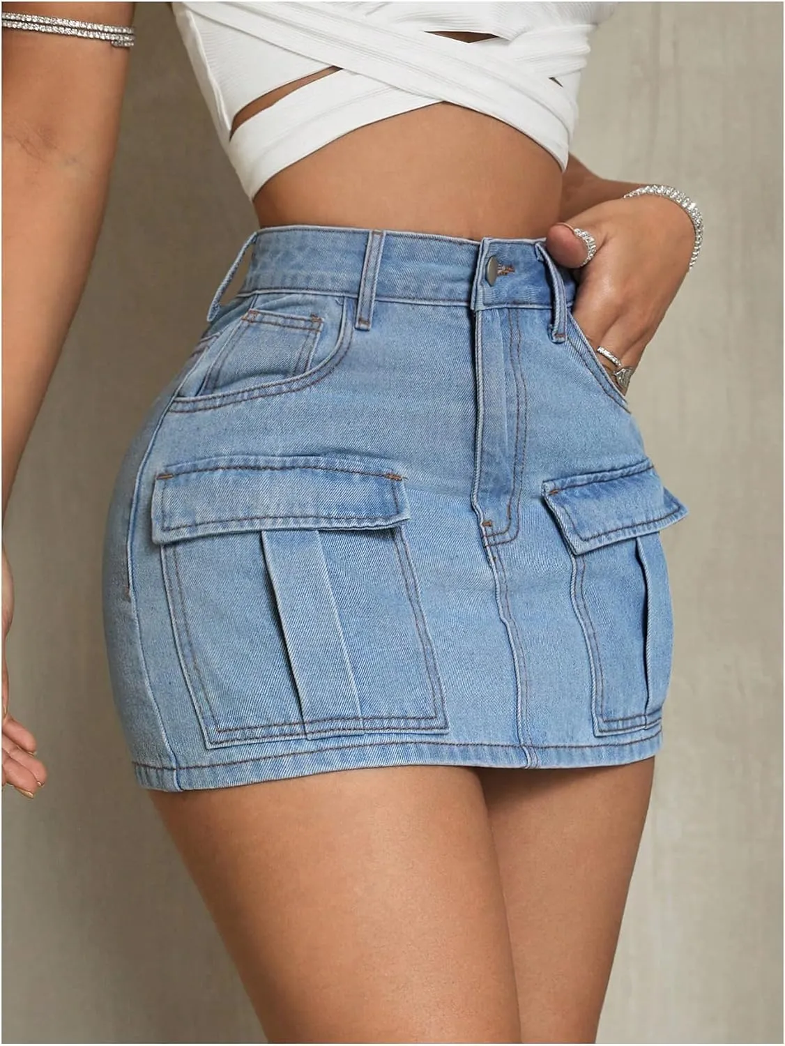 MakeMeChic Women's High Waist Jean Shirts Zip Fly Flap Pocket Bodycon Mini Denim Skirt