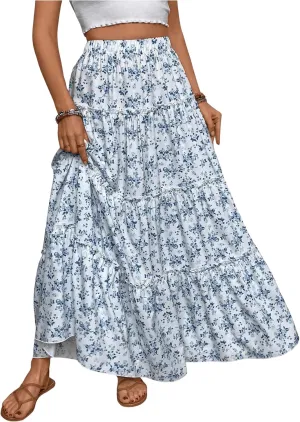 MakeMeChic Women's Plaid Print Tiered Layer A Line Ruffle Hem Loose Fit Casual Long Maxi Skirts