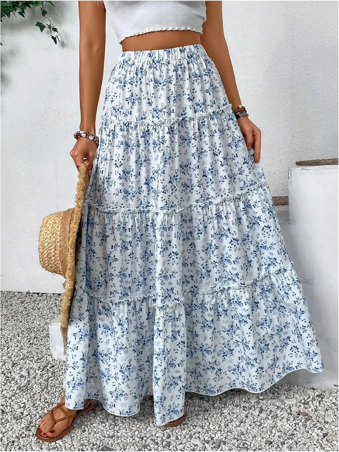 MakeMeChic Women's Plaid Print Tiered Layer A Line Ruffle Hem Loose Fit Casual Long Maxi Skirts