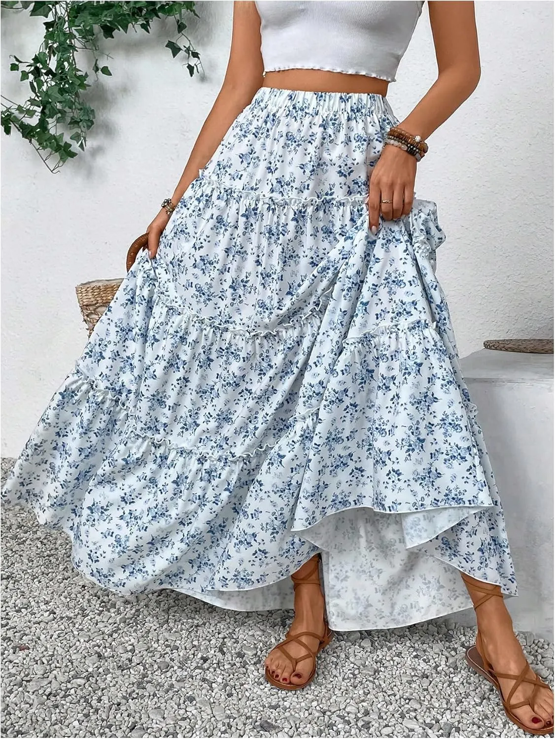 MakeMeChic Women's Plaid Print Tiered Layer A Line Ruffle Hem Loose Fit Casual Long Maxi Skirts