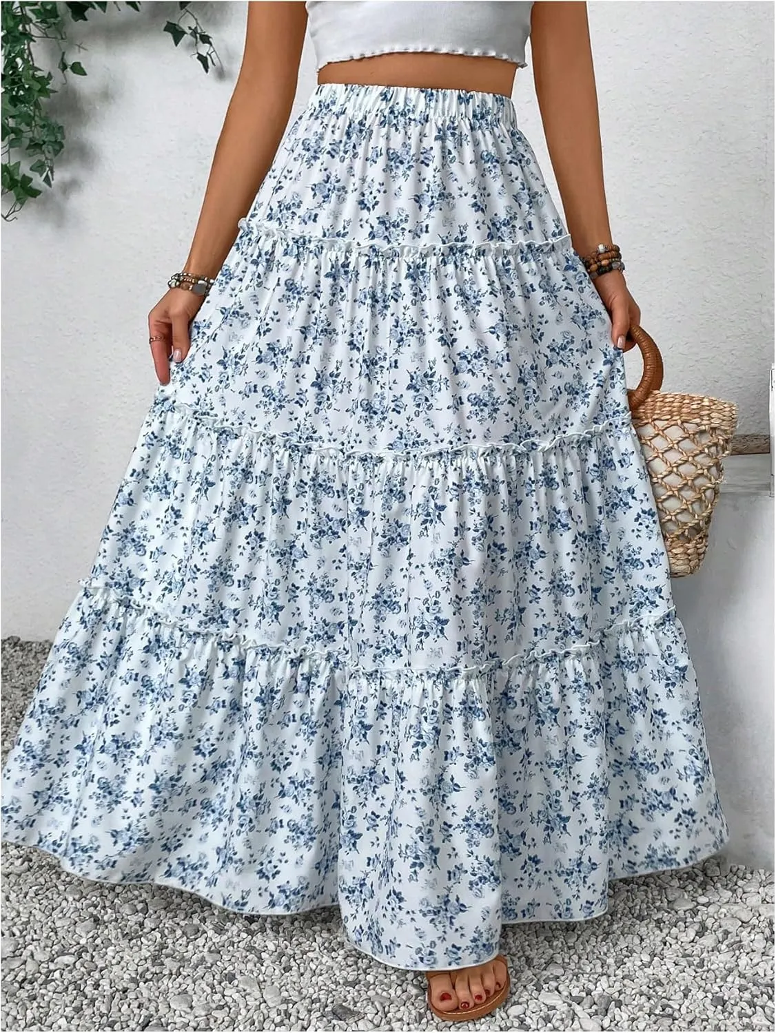 MakeMeChic Women's Plaid Print Tiered Layer A Line Ruffle Hem Loose Fit Casual Long Maxi Skirts
