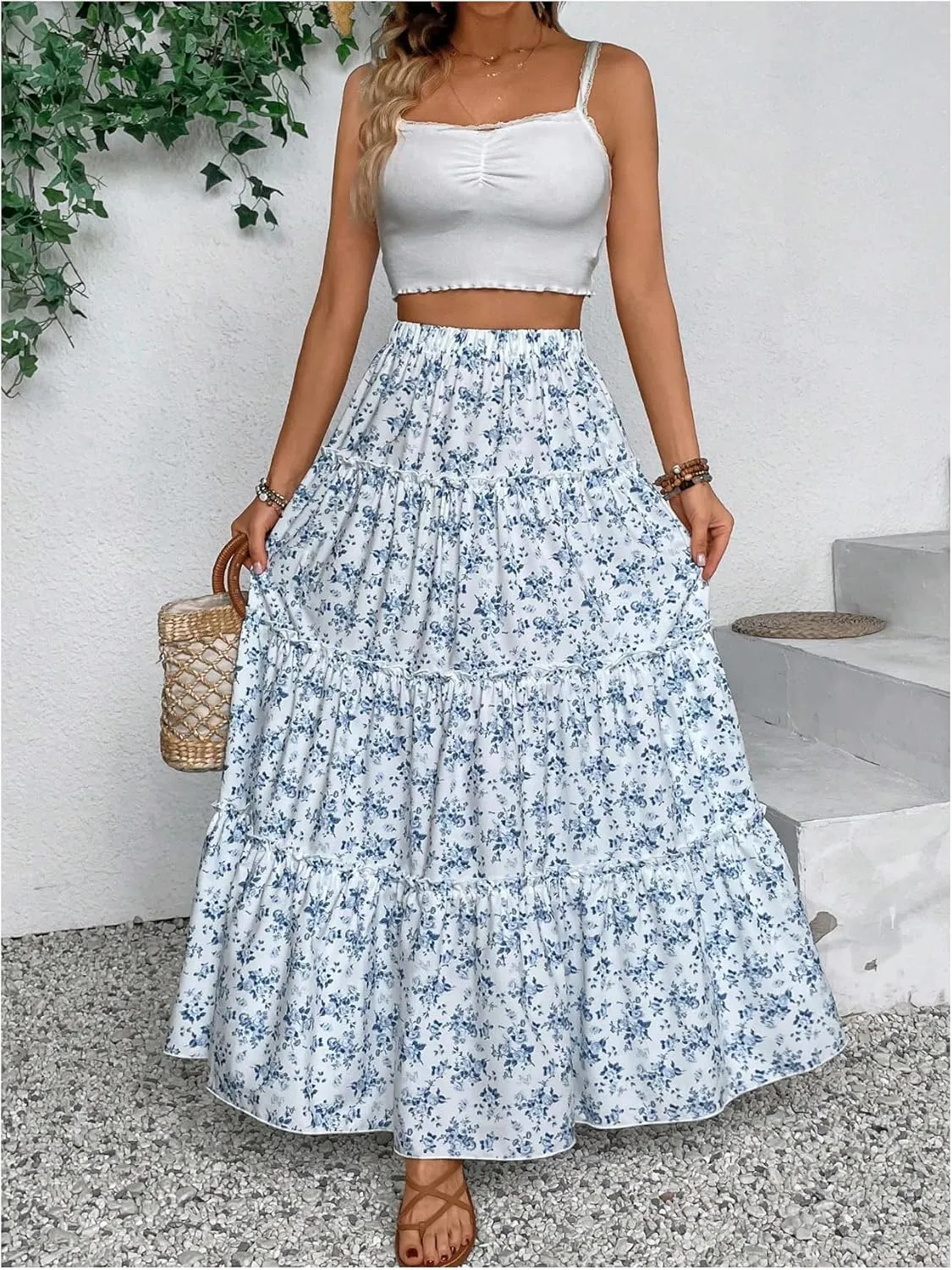 MakeMeChic Women's Plaid Print Tiered Layer A Line Ruffle Hem Loose Fit Casual Long Maxi Skirts