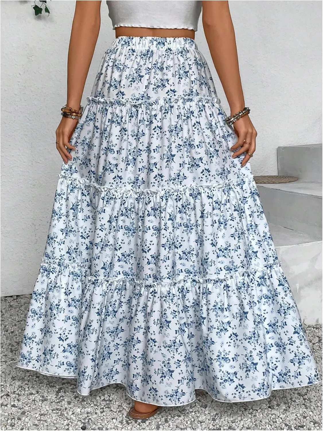 MakeMeChic Women's Plaid Print Tiered Layer A Line Ruffle Hem Loose Fit Casual Long Maxi Skirts