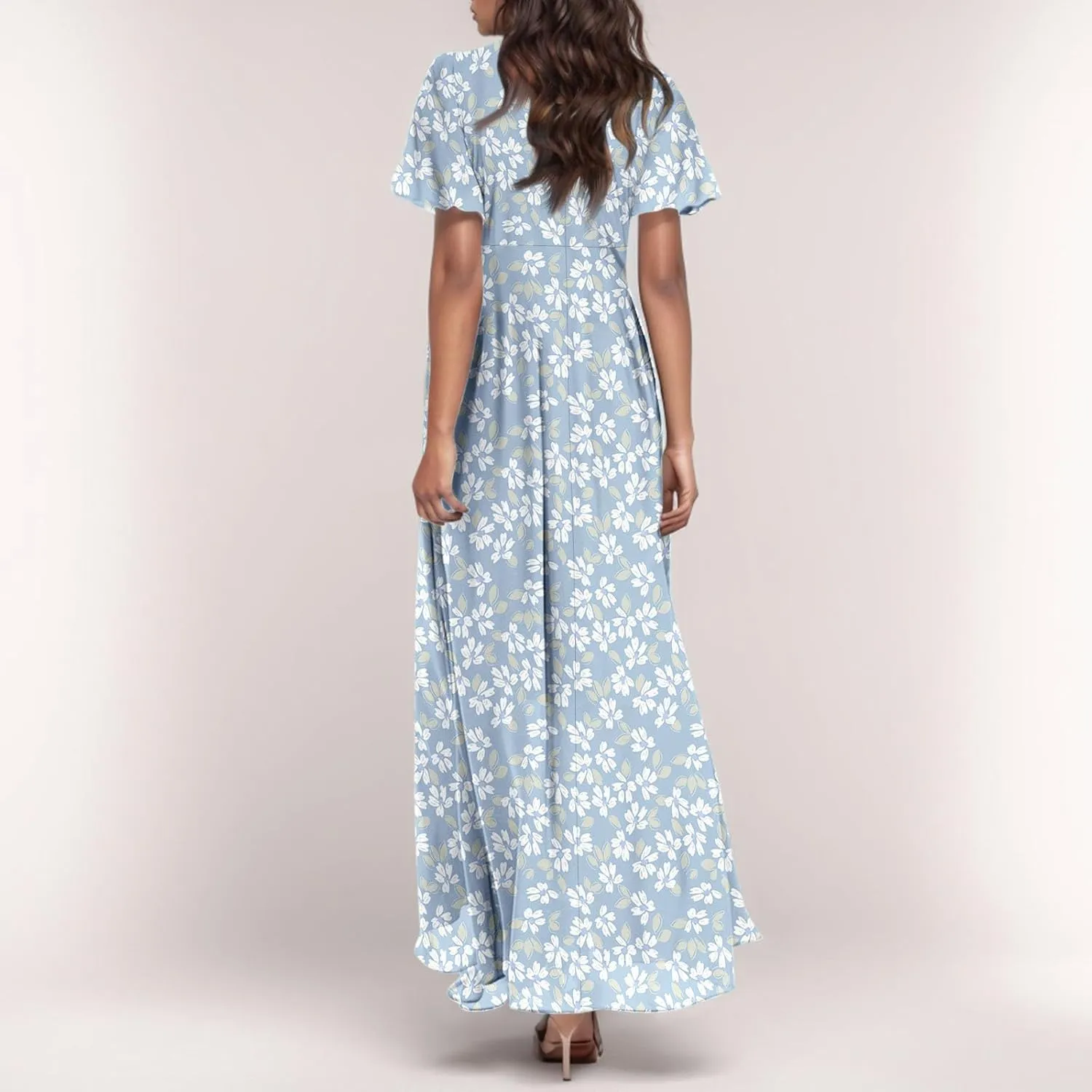 Maxi Floral Dresses for Women 2025 Summer Elegant Flowy Sundresses Trendy Flutter Sleeve Boho Long Dress V Neck Party