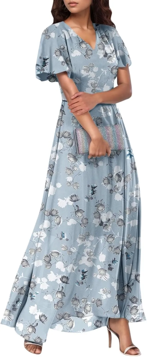 Maxi Floral Dresses for Women 2025 Summer Elegant Flowy Sundresses Trendy Flutter Sleeve Boho Long Dress V Neck Party
