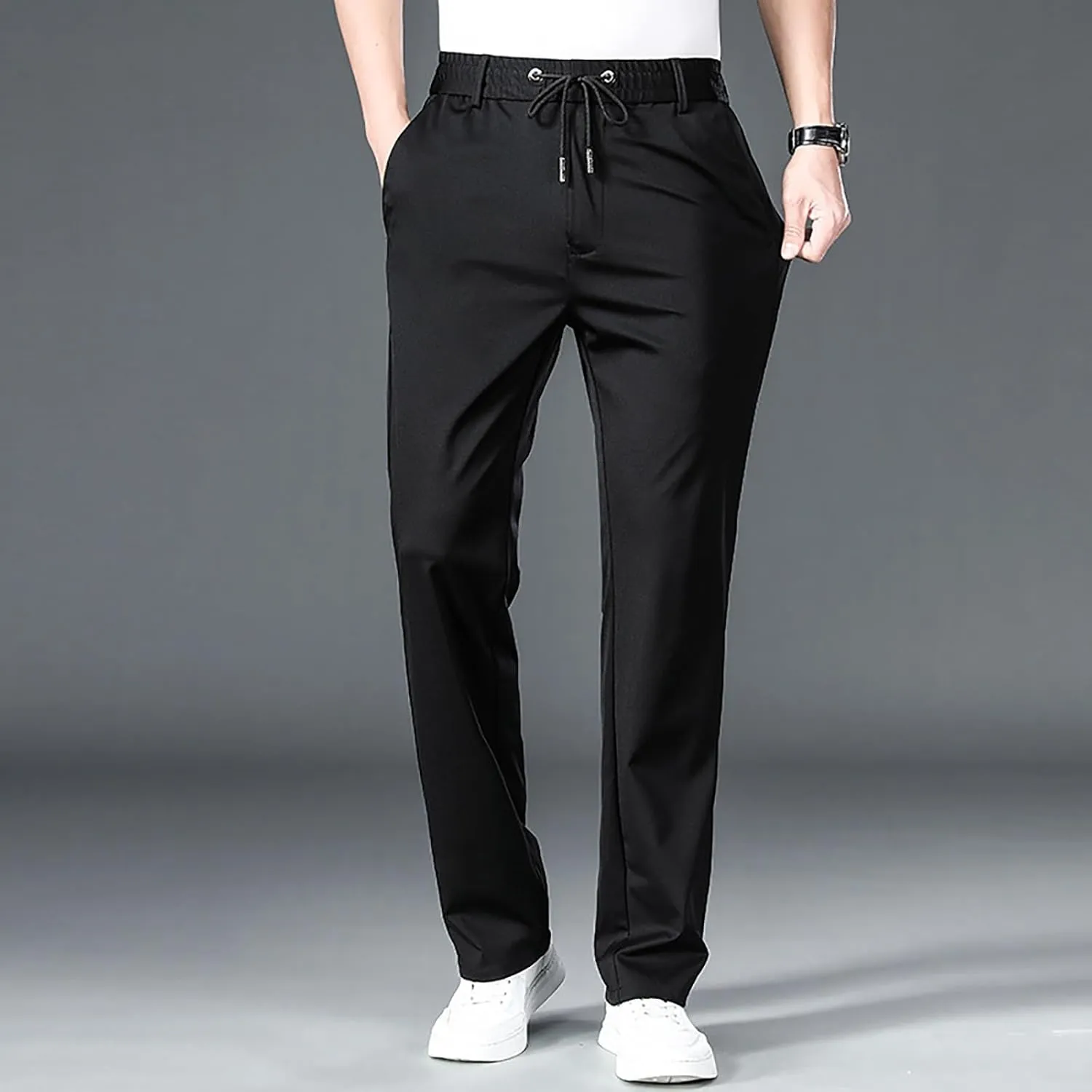 Men Cargo Chino Pants Casual Linen Stretchy Drawstring Waist Pant Sweatpants Joggers Sports Gym Jogging