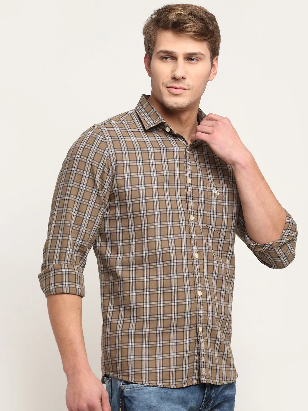 Men Cotton Checkered Brown Full Sleeve Casual Shirt for Men with Pocket