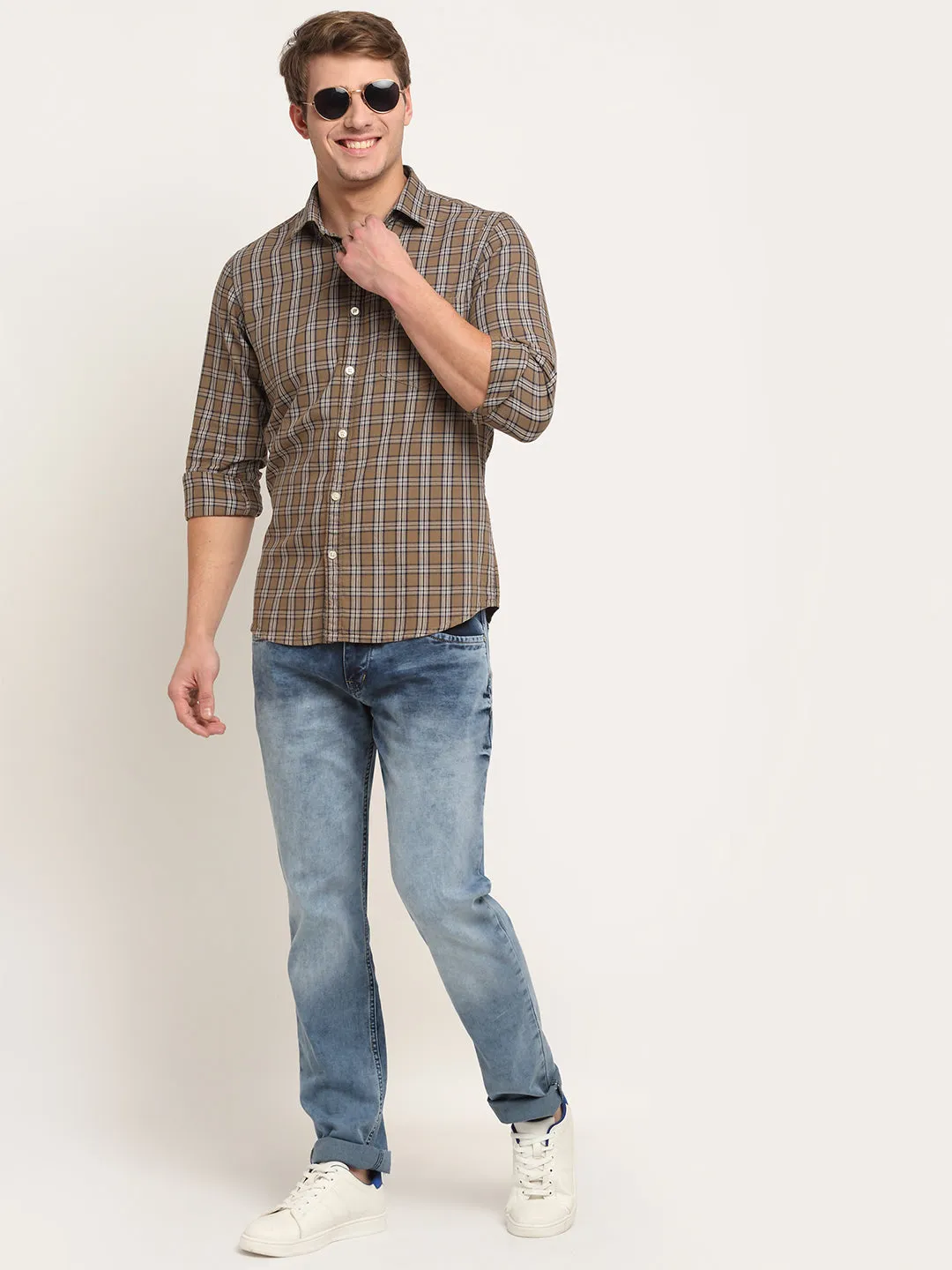 Men Cotton Checkered Brown Full Sleeve Casual Shirt for Men with Pocket