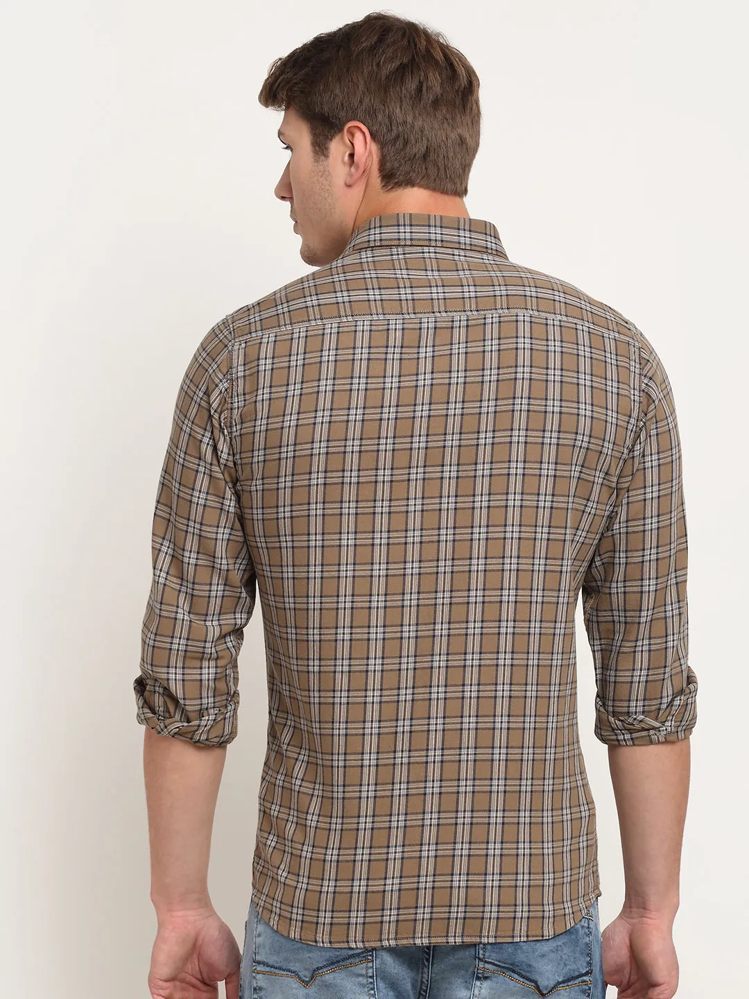 Men Cotton Checkered Brown Full Sleeve Casual Shirt for Men with Pocket