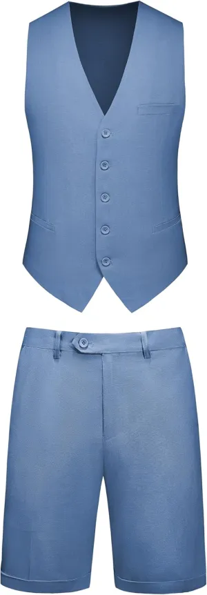 Mens 2-Piece Linen Summer Suit - Beach Wedding Guest Outfit with Vest and Shorts Set