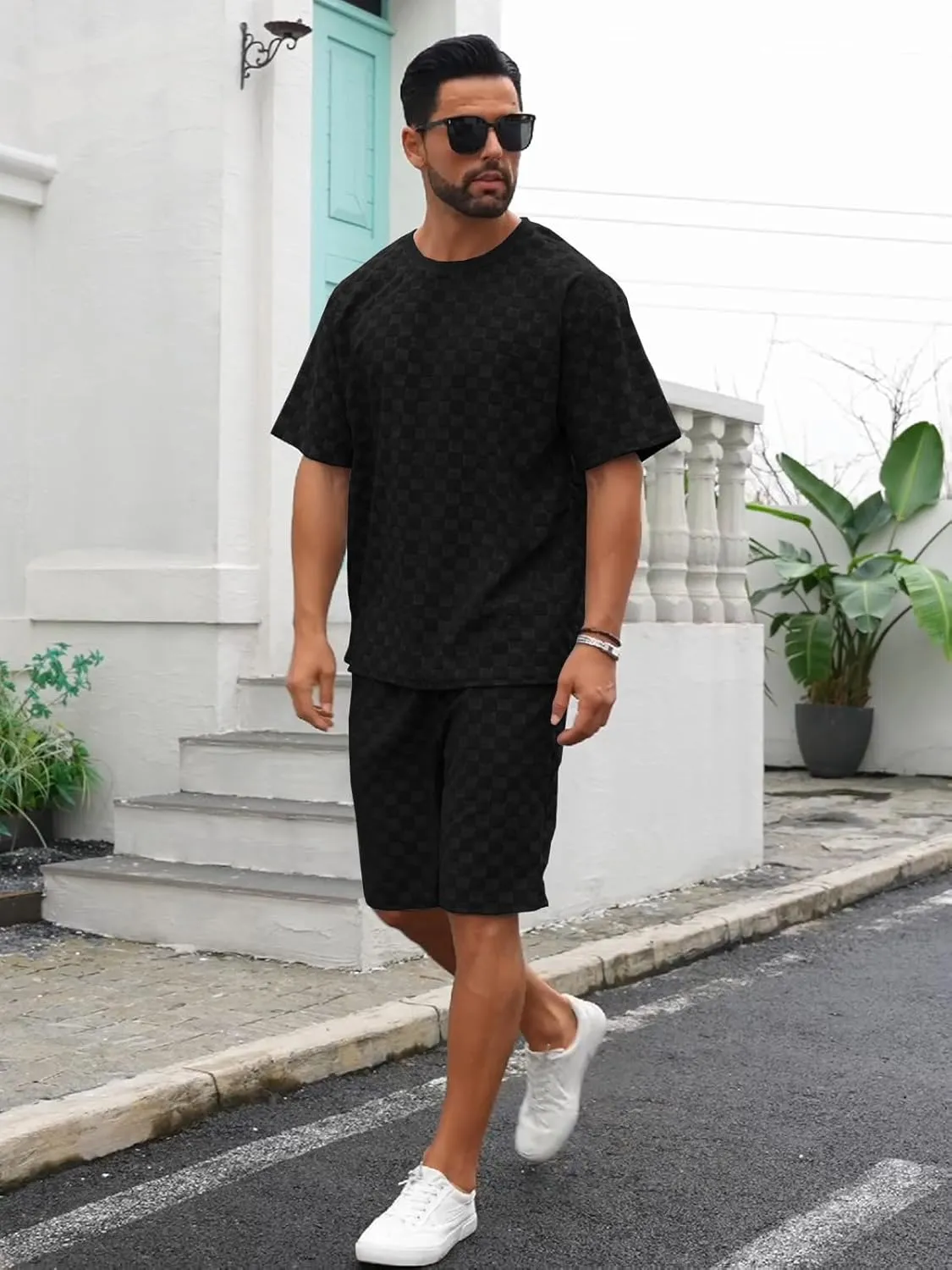 Men's 2 Piece Set Summer Outfits Casual Geometric Texture Short Sleeve Shirt and Shorts Track Suits for Men Set