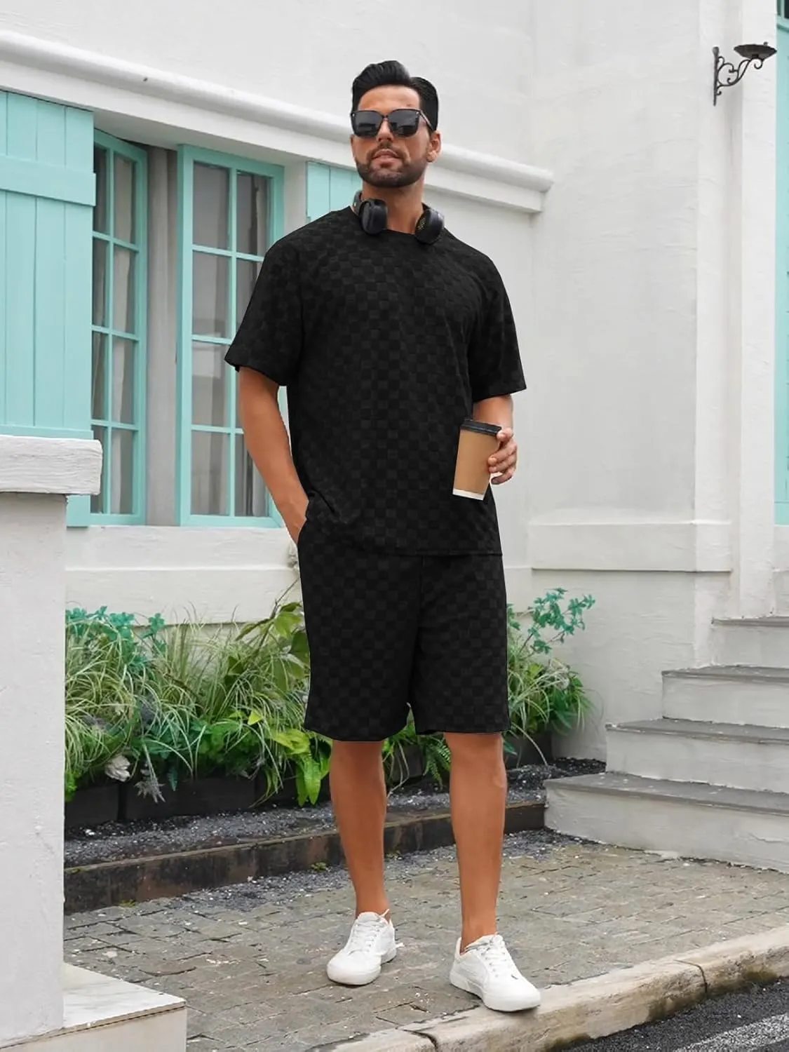 Men's 2 Piece Set Summer Outfits Casual Geometric Texture Short Sleeve Shirt and Shorts Track Suits for Men Set