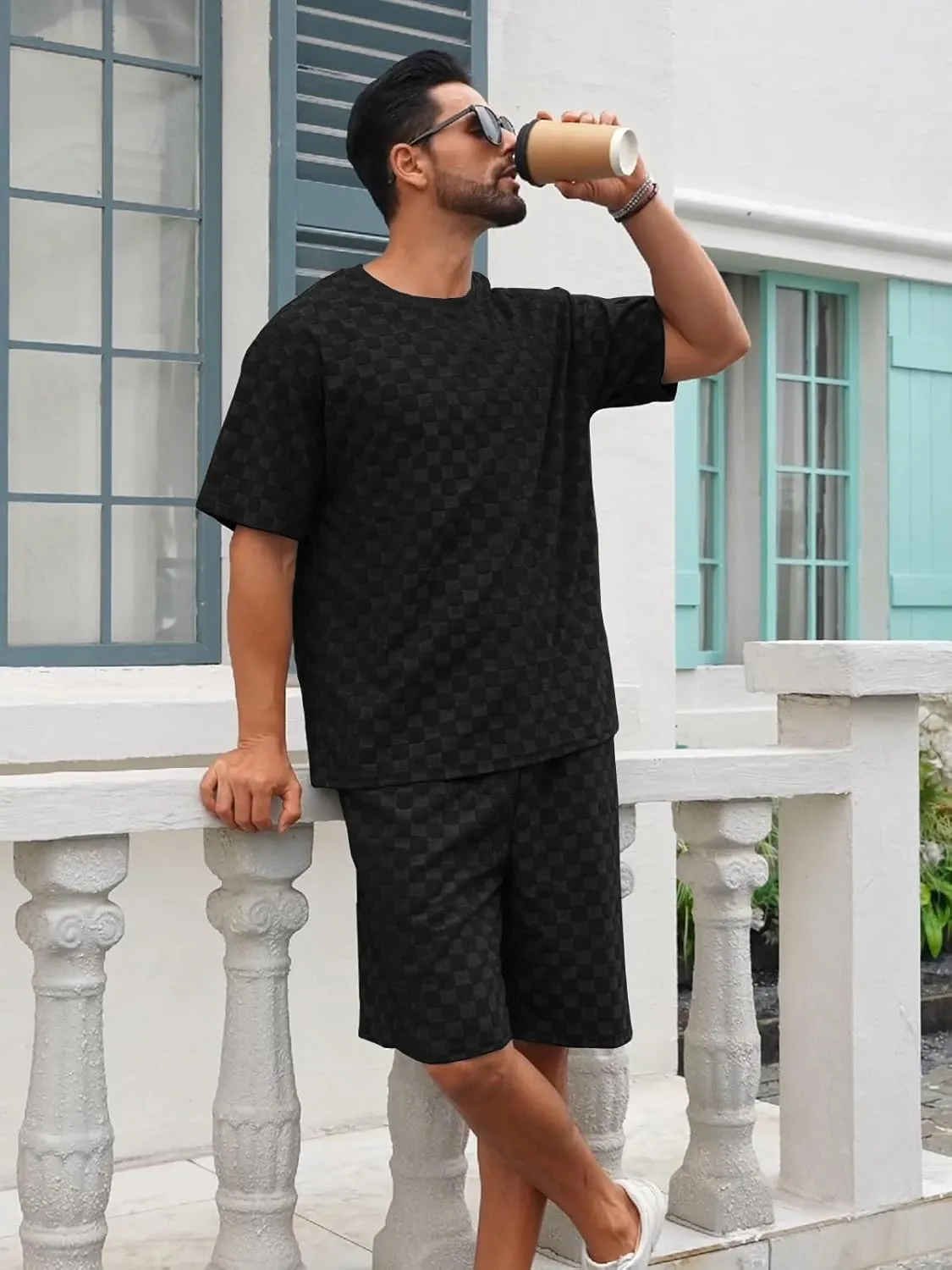 Men's 2 Piece Set Summer Outfits Casual Geometric Texture Short Sleeve Shirt and Shorts Track Suits for Men Set