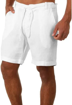 Men's Linen Casual Classic Short Elastic Waist Summer Beach Lightweight Board Slim-Fit with Pockets