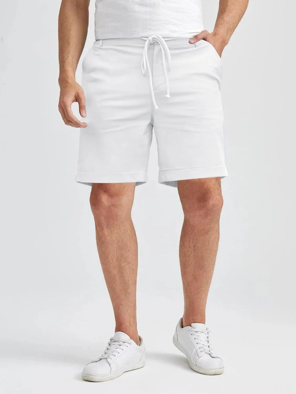 Men's Linen Casual Classic Short Elastic Waist Summer Beach Lightweight Board Slim-Fit with Pockets