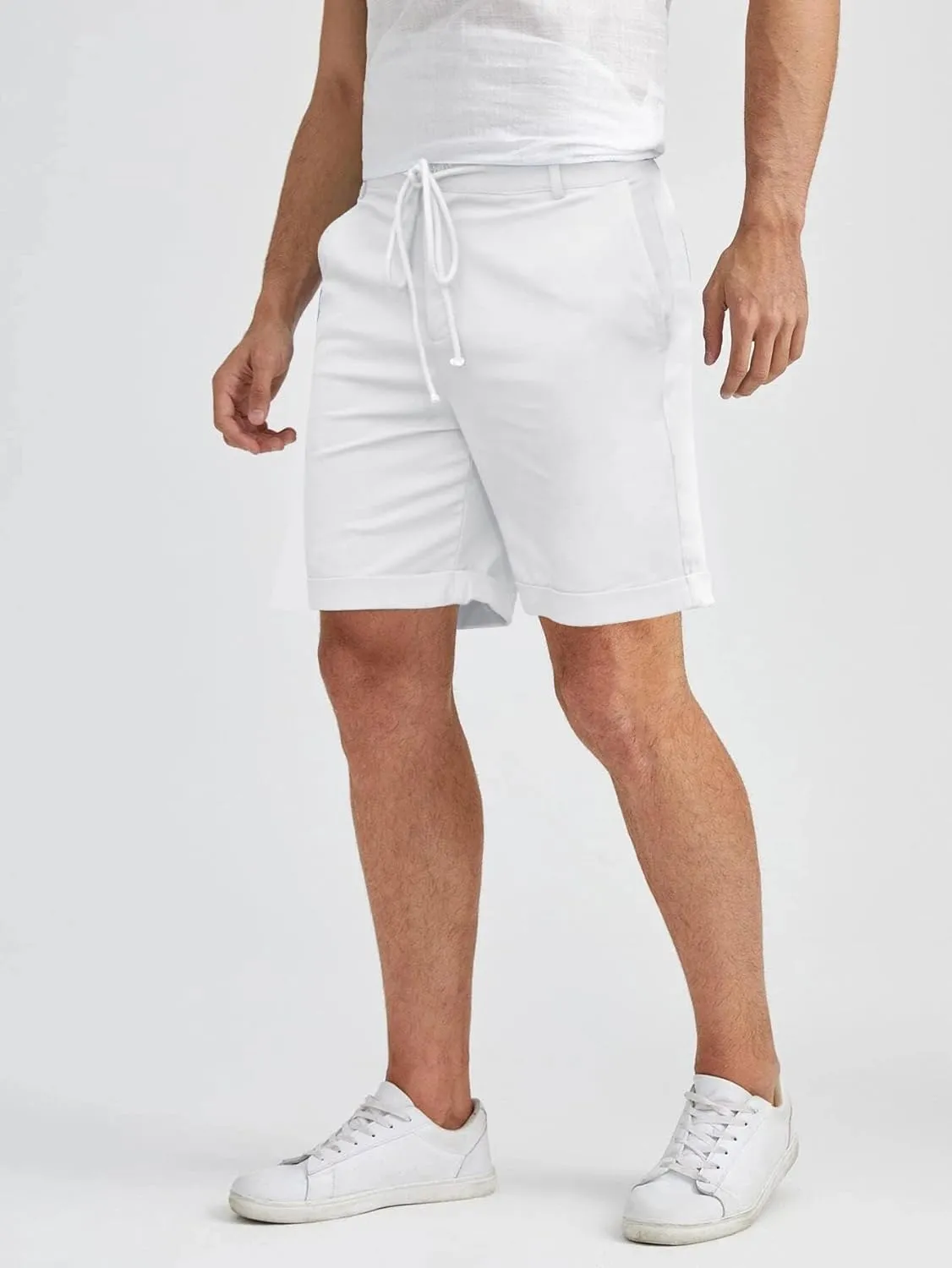 Men's Linen Casual Classic Short Elastic Waist Summer Beach Lightweight Board Slim-Fit with Pockets
