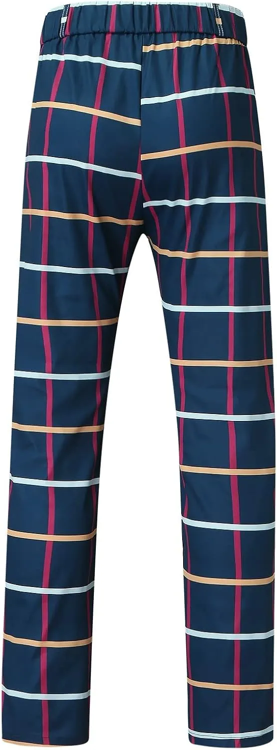 Mens Stretch Plaid Dress Pants Slim Fit Flat-Front Casual Skinny Chinos Business Fashion Golf Pencil Tapered Trousers