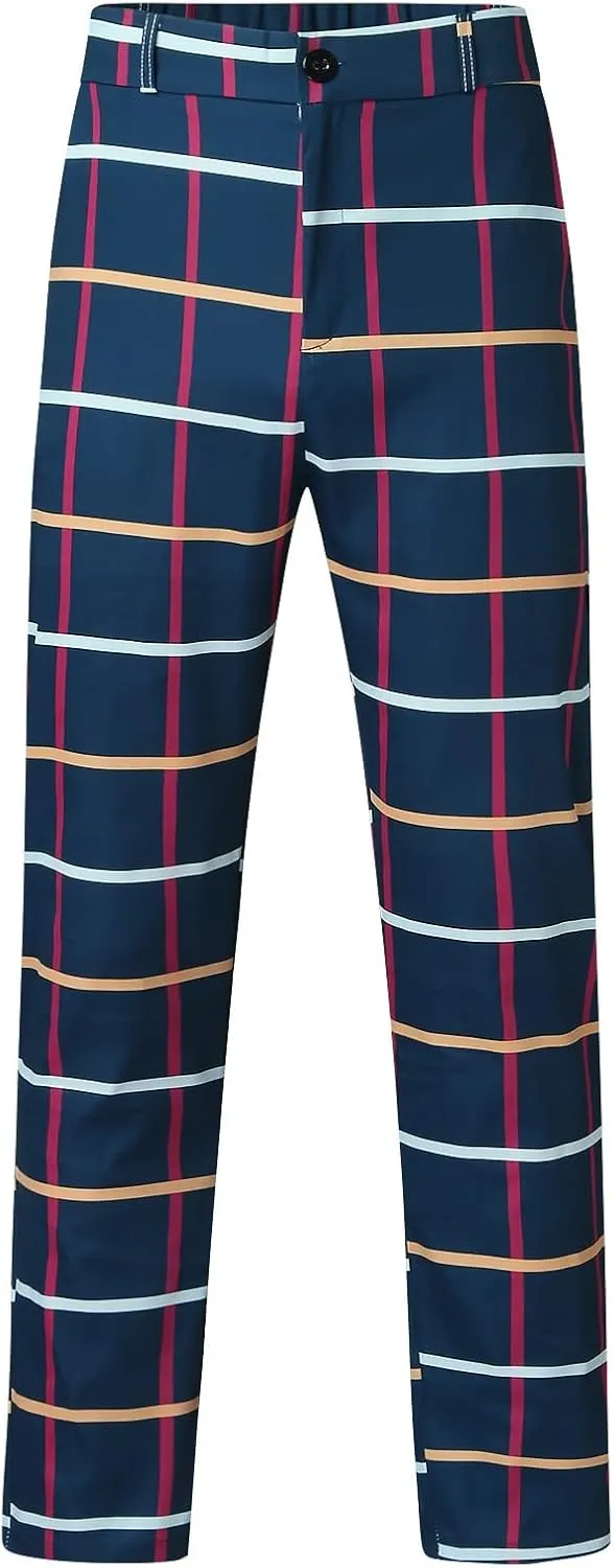 Mens Stretch Plaid Dress Pants Slim Fit Flat-Front Casual Skinny Chinos Business Fashion Golf Pencil Tapered Trousers