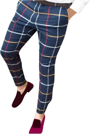 Mens Stretch Plaid Dress Pants Slim Fit Flat-Front Casual Skinny Chinos Business Fashion Golf Pencil Tapered Trousers
